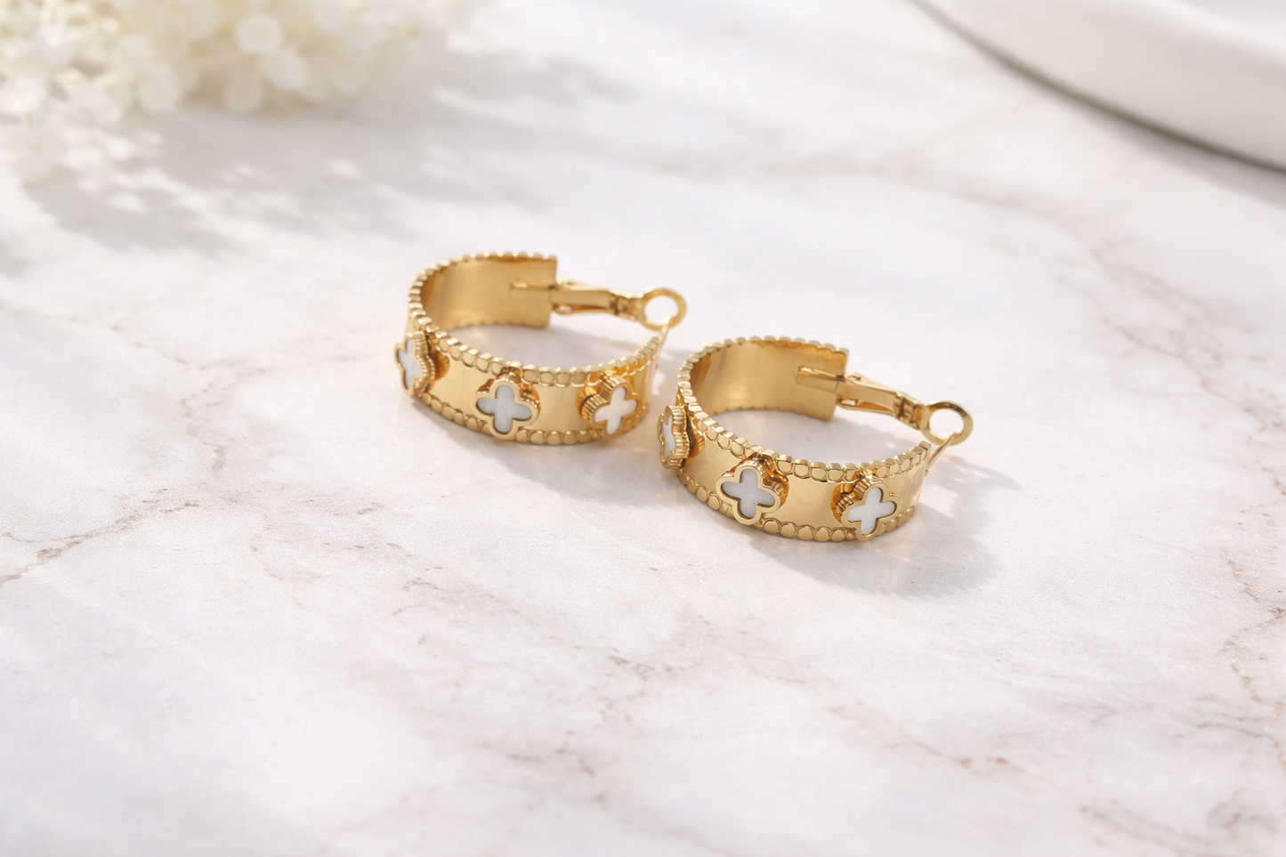 Ivory Clover Gold Hoops